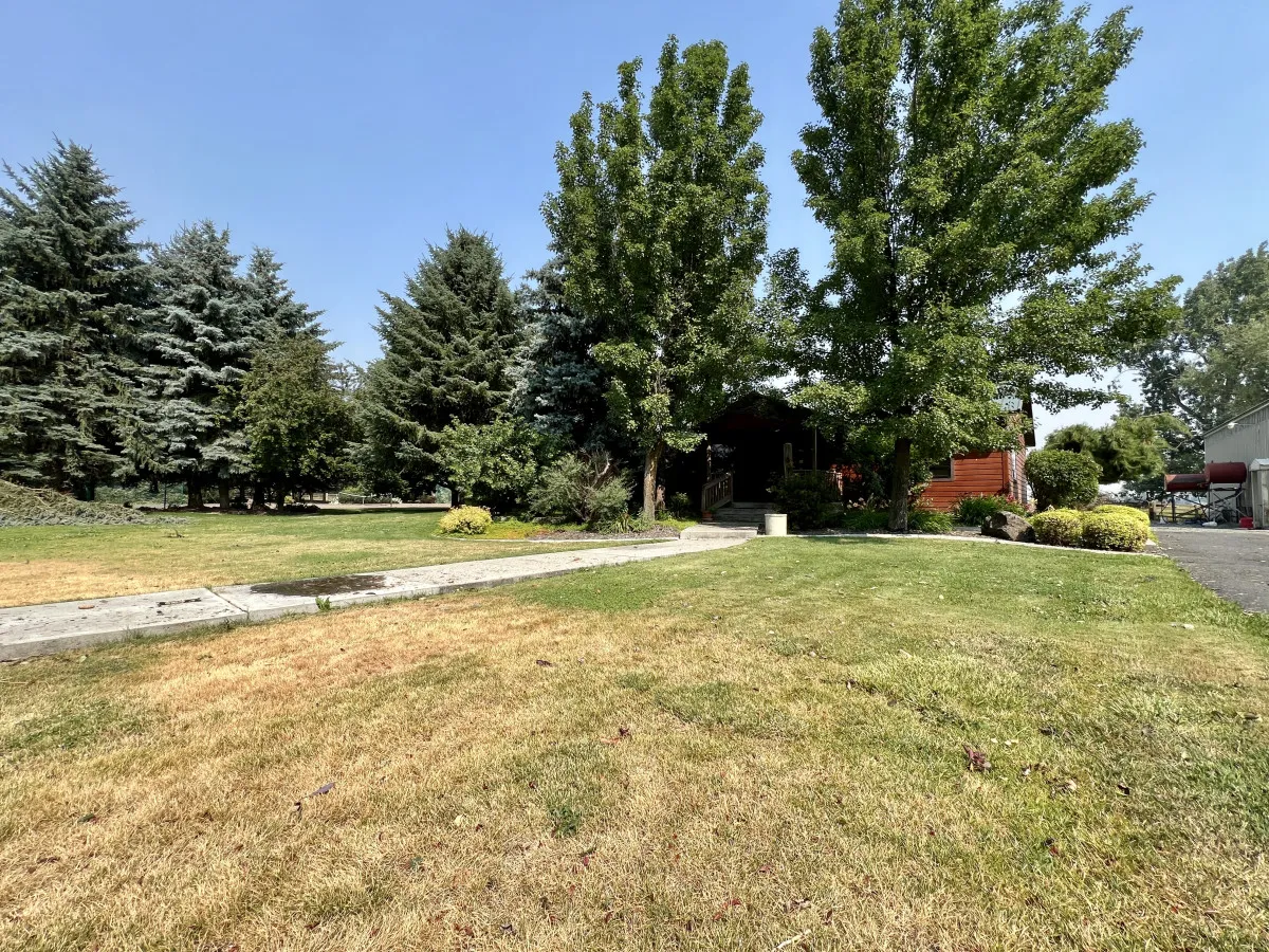 An inviting exterior shot featuring lush trees, a manicured lawn, a pathway leading to the house, and distant outbuildings. This scene embodies the tranquil setting and spacious grounds, suggesting easy access to mountain activities and group gatherings.